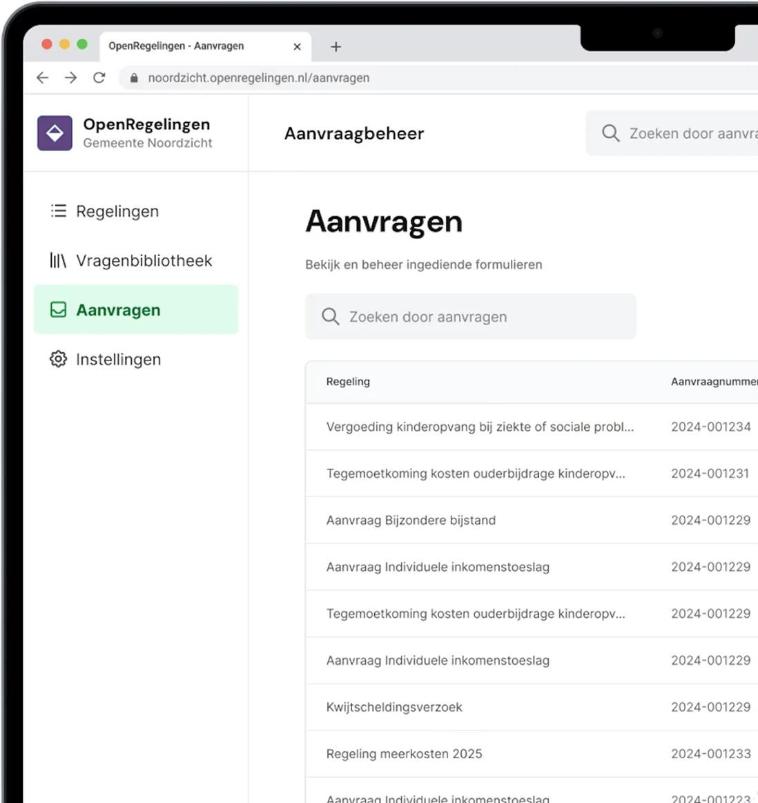 OpenRegelingen scherm met ingediende aanvragen
