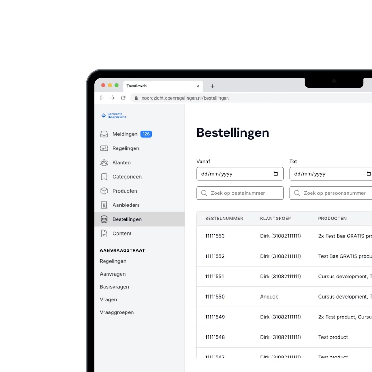 OpenRegelingen scherm met bestellingen